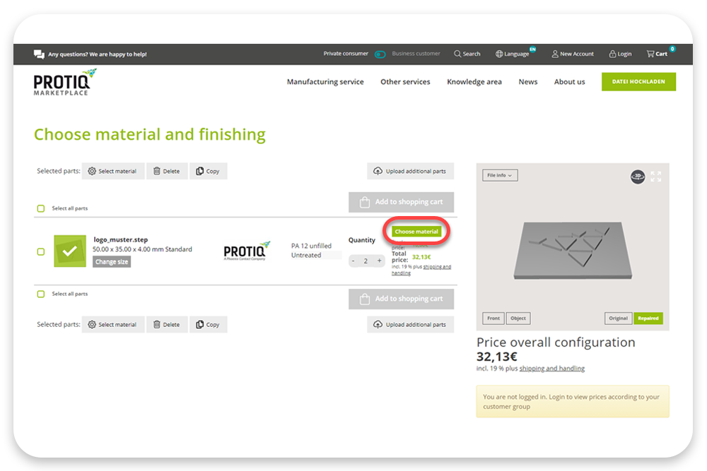 Screenshot of protiq.com: 3D data has been uploaded
